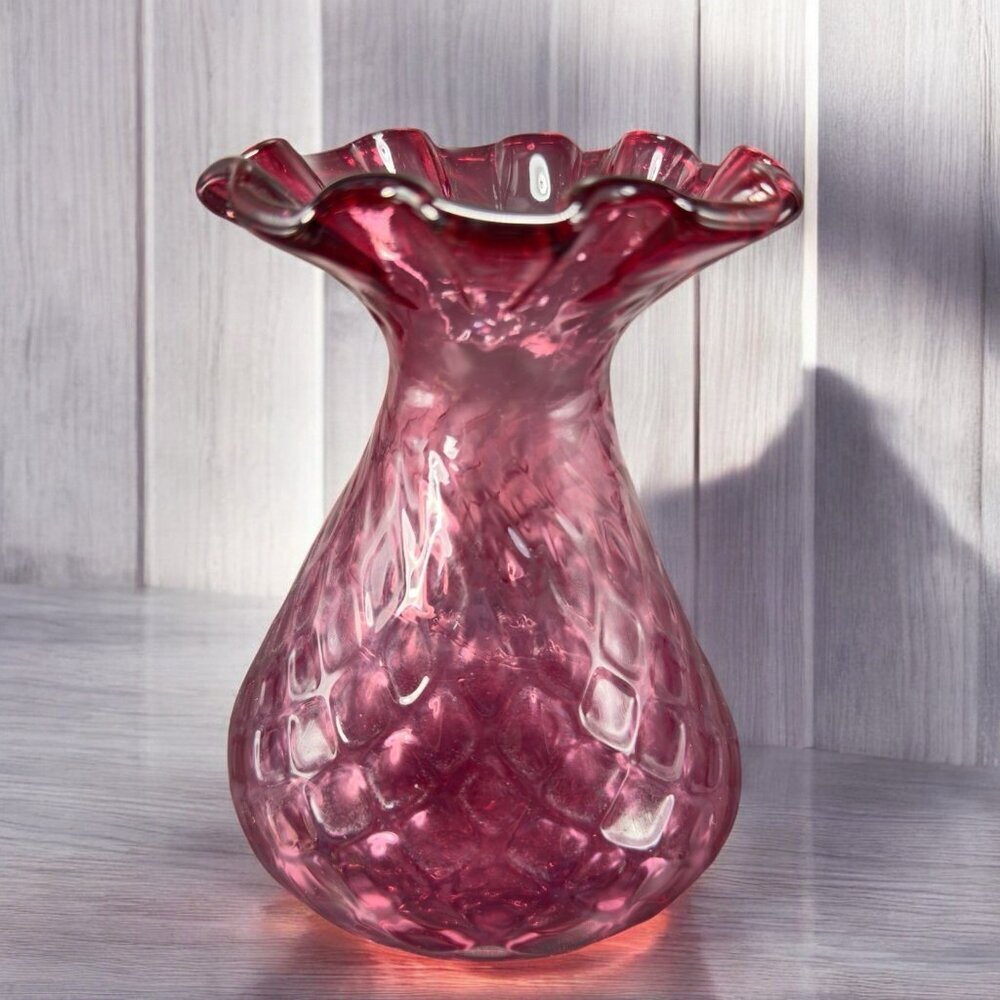 Antique Hand Blown Cranberry Glass Vase Diamond Optic Vase Ruffled Edges Vintage